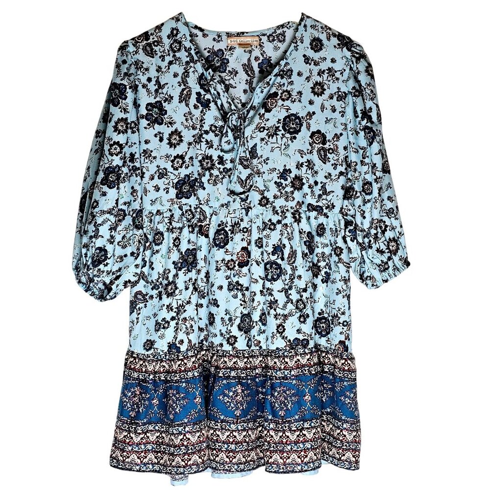 BOG Collective Women's Blue Ivory Floral Oversized Mini Babydoll Dress, NWOT, Sm
